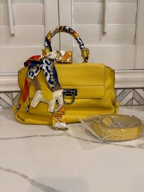 Salvatore Ferragamo Yellow Pebbled Leather Satchel with Crossbody Strap